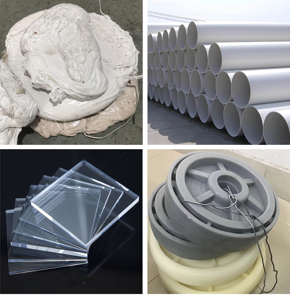 Grandes peda&ccedil;os de pl&aacute;stico duro e blocos de borracha.